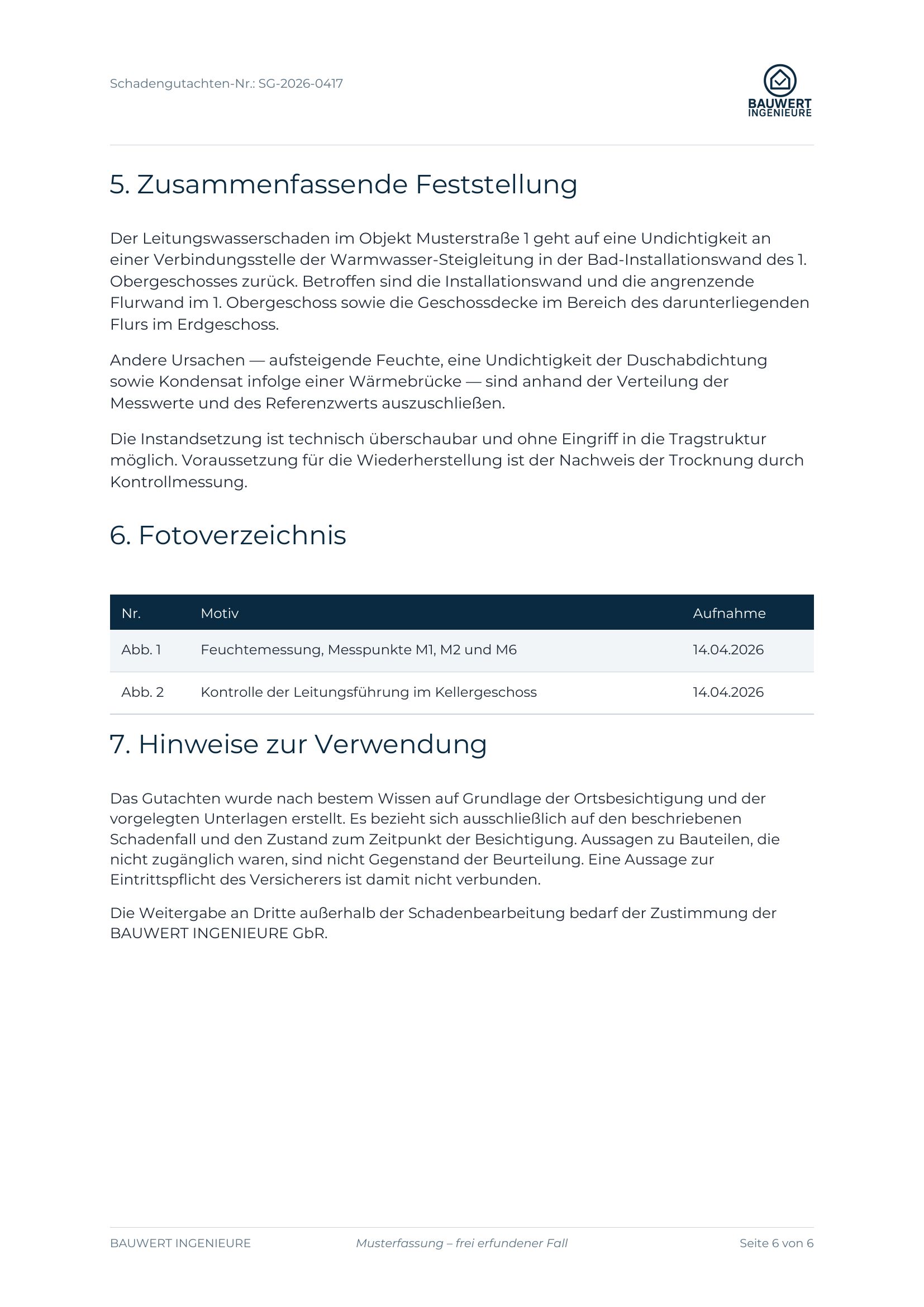 Seite 6: Zusammenfassende Feststellung, Fotoverzeichnis und Hinweise