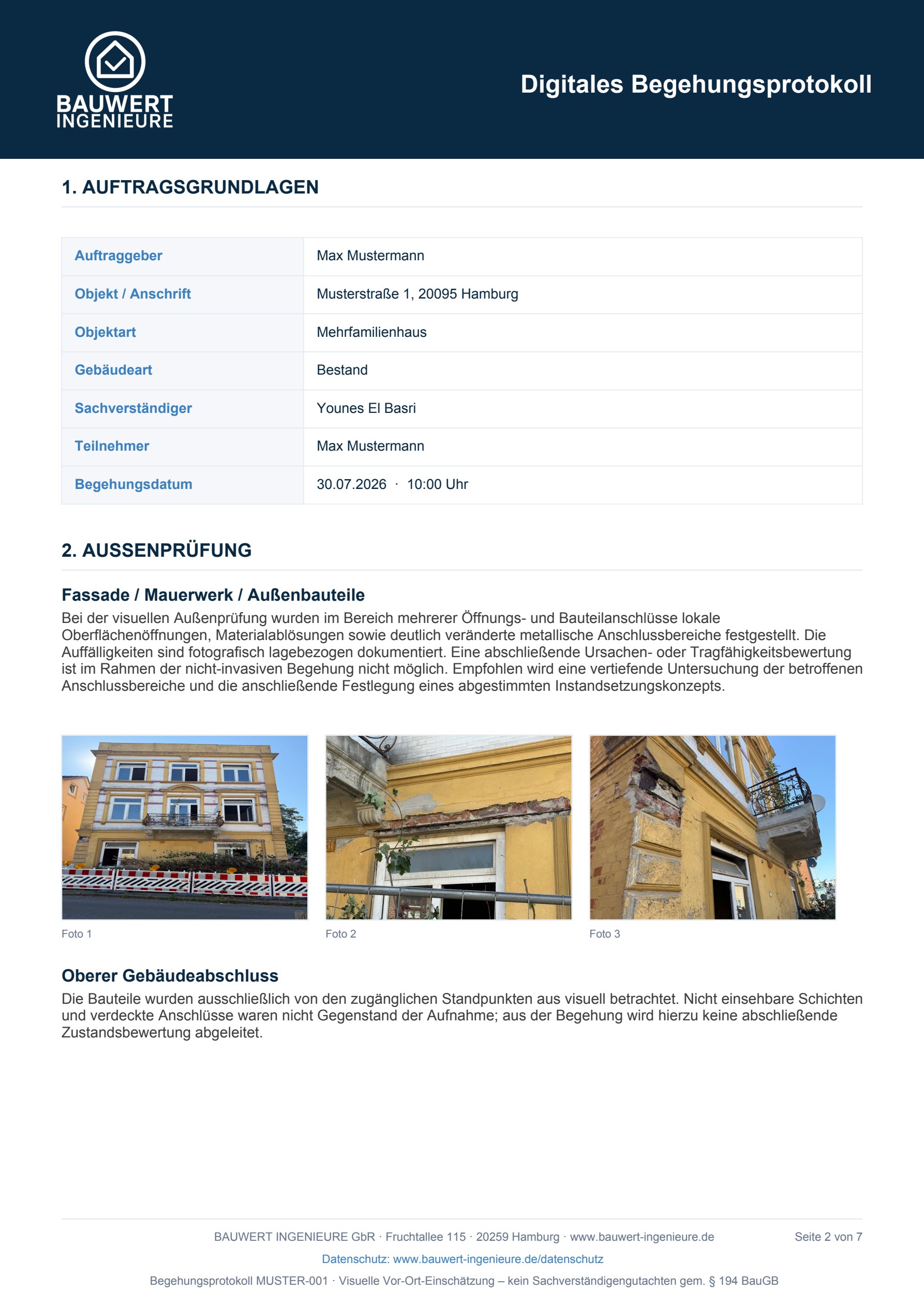 Seite 2: Auftragsgrundlagen und Außenprüfung der Fassade mit drei zugeordneten Fotos